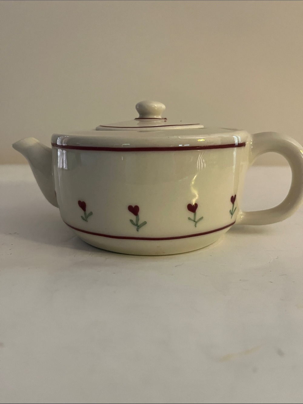 Hartstone Pottery Cream Ceramic Teapot with Red Heart Accent  Handcrafted Signed